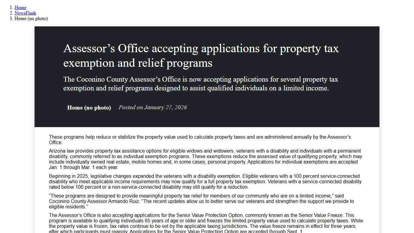 Assessor’s Office accepting applications for property tax exemption and relief programs • Coconino County, AZ