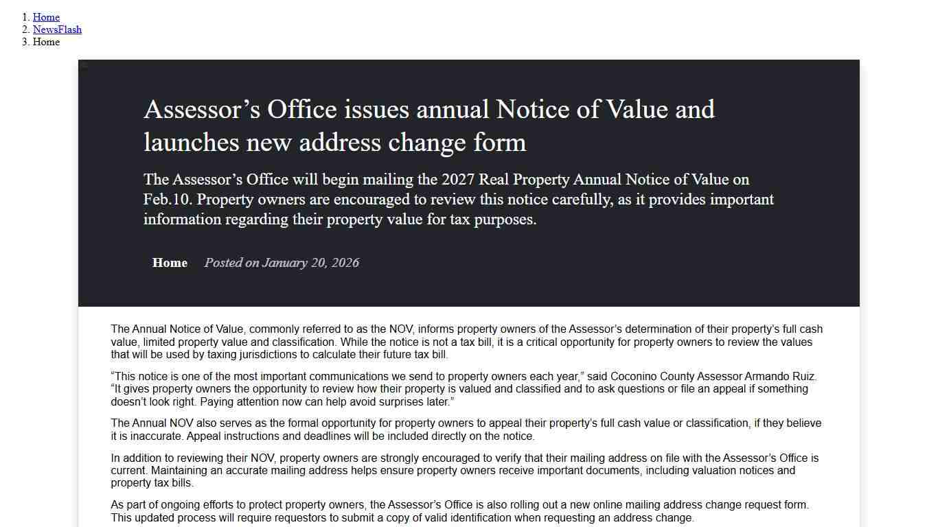 Assessor’s Office issues annual Notice of Value and launches new address change form • Coconino County, AZ